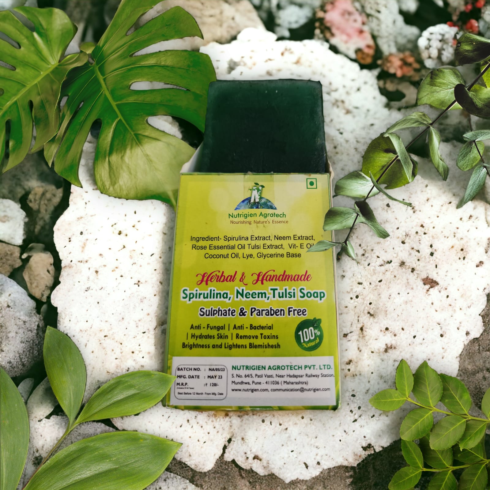 Spirulina, Neem, Tulsi Soap Nutrigien Agrotech